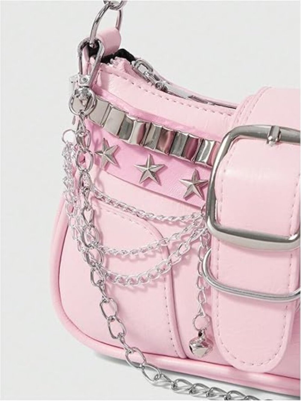 Y2k Stars Chains Shoulder‎ Bag Mini Hobo Handbag Shoulder Purse Pink with Silver - Picture 2 of 5